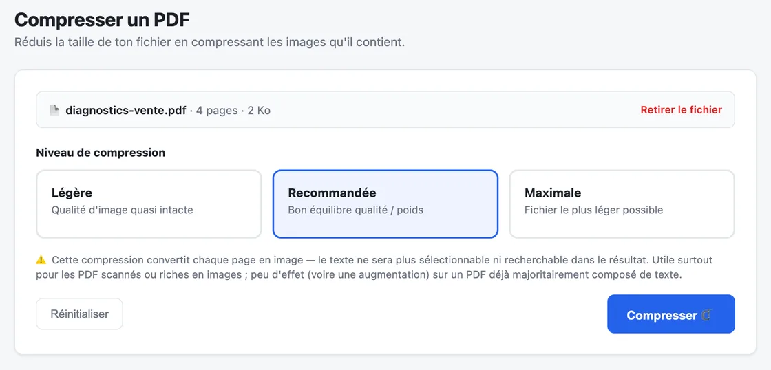Capture d'écran de l'outil Compresser dans MyFolio PDF