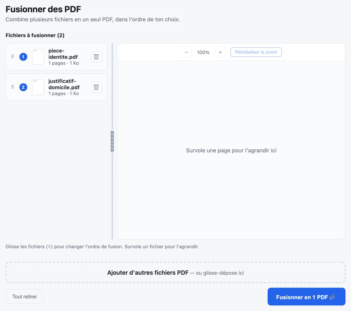 Capture d'écran de l'outil Fusionner dans MyFolio PDF